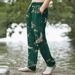 Buddha Stones Cotton White Crane Gold Wave Pattern Men's Tapered Pants With Pockets