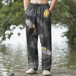Buddha Stones Cotton White Crane Chasing The Sun Pattern Men's Tapered Pants With Pockets