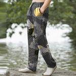 Buddha Stones Cotton White Crane Chasing The Sun Pattern Men's Tapered Pants With Pockets