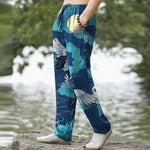 Buddha Stones Cotton White Crane Chasing The Sun Pattern Men's Tapered Pants With Pockets