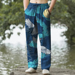 Buddha Stones Cotton White Crane Chasing The Sun Pattern Men's Tapered Pants With Pockets