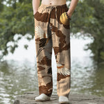Buddha Stones Cotton White Crane Chasing The Sun Pattern Men's Tapered Pants With Pockets