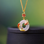 Buddha Stones White Chalcedony Koi Fish Success Peace Buckle Round Necklace