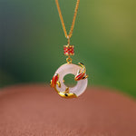 Buddha Stones White Chalcedony Koi Fish Success Peace Buckle Round Necklace