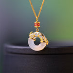 Buddha Stones White Chalcedony Koi Fish Success Peace Buckle Round Necklace