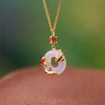 Buddha Stones White Chalcedony Koi Fish Success Peace Buckle Round Necklace