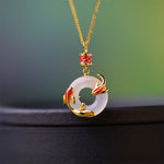 Buddha Stones White Chalcedony Koi Fish Success Peace Buckle Round Necklace