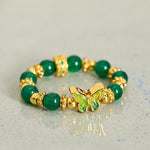 Buddha Stones Natural Green Agate Bead Copper Butterfly Renewal Ring
