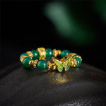 Buddha Stones Natural Green Agate Bead Copper Butterfly Renewal Ring