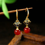 Buddha Stones Red Agate Lotus Enamel Gold Drop Confidence Earrings