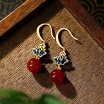 Buddha Stones Red Agate Lotus Enamel Gold Drop Confidence Earrings