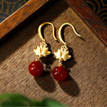 Buddha Stones Red Agate Lotus Enamel Gold Drop Confidence Earrings