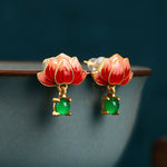 Buddha Stones Jade Lotus Enamel Gold Dangle New Beginnings Earrings
