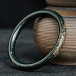 Buddha Stones Natural Cyan Jade Lotus Koi Fish Enlightenment Bangle Bracelet