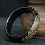 Buddha Stones Natural Cyan Jade Carving Harmony Bangle Bracelet