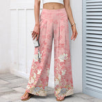 Buddha Stones Cotton Linen Romantic Floral Pattern Women's Elastic Waist Wide Leg Pants With Pockets