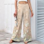 Buddha Stones Cotton Linen Romantic Floral Pattern Women's Elastic Waist Wide Leg Pants With Pockets