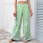 Buddha Stones Cotton Linen Romantic Floral Pattern Women's Elastic Waist Wide Leg Pants With Pockets