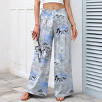 Buddha Stones Cotton Linen Ink Wash Pattern Women's Elastic Waist Wide Leg Pants With Pockets