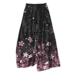 Buddha Stones Cotton Linen Black Sakura Pattern Women's Elastic Waist Wide Leg Pants With Pockets