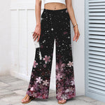 Buddha Stones Cotton Linen Black Sakura Pattern Women's Elastic Waist Wide Leg Pants With Pockets