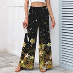 Buddha Stones Cotton Linen Black Sakura Pattern Women's Elastic Waist Wide Leg Pants With Pockets