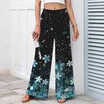 Buddha Stones Cotton Linen Black Sakura Pattern Women's Elastic Waist Wide Leg Pants With Pockets