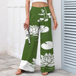 Buddha Stones Cotton Linen Lotus Leaf Pattern Women's Elastic Waist Wide Leg Pants With Pockets