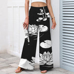 Buddha Stones Cotton Linen Lotus Leaf Pattern Women's Elastic Waist Wide Leg Pants With Pockets