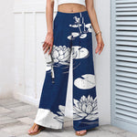 Buddha Stones Cotton Linen Lotus Leaf Pattern Women's Elastic Waist Wide Leg Pants With Pockets