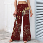 Buddha Stones Cotton Linen Dragon Wave Pattern Women's Elastic Waist Wide Leg Pants With Pockets