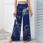 Buddha Stones Cotton Linen Dragon Wave Pattern Women's Elastic Waist Wide Leg Pants With Pockets