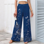 Buddha Stones Cotton Linen Dragonfly Ripple Pattern Women's Elastic Waist Wide Leg Pants With Pockets