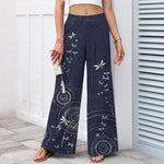 Buddha Stones Cotton Linen Dragonfly Ripple Pattern Women's Elastic Waist Wide Leg Pants With Pockets