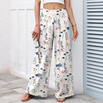 Buddha Stones Cotton Linen Floral Pattern Women's Elastic Waist Wide Leg Pants With Pockets