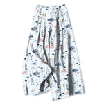 Buddha Stones Cotton Linen Floral Pattern Women's Elastic Waist Wide Leg Pants With Pockets