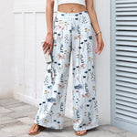 Buddha Stones Cotton Linen Floral Pattern Women's Elastic Waist Wide Leg Pants With Pockets