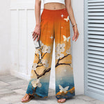 Buddha Stones Cotton Linen Gradient Floral Pattern Women's Elastic Waist Wide Leg Pants With Pockets