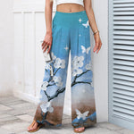 Buddha Stones Cotton Linen Gradient Floral Pattern Women's Elastic Waist Wide Leg Pants With Pockets