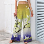 Buddha Stones Cotton Linen Gradient Floral Pattern Women's Elastic Waist Wide Leg Pants With Pockets