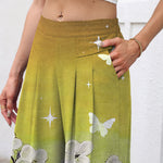 Buddha Stones Cotton Linen Gradient Floral Pattern Women's Elastic Waist Wide Leg Pants With Pockets