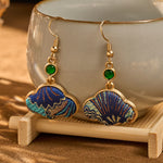 Buddha Stones Song Brocade Blue Shell-Shaped Prosperity Green Bead Teardrop Earrings