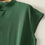 Buddha Stones Summer Solid Green Mandarin Collar Side Slit Women's Sleeveless Dress