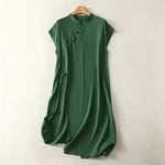 Buddha Stones Summer Solid Green Mandarin Collar Side Slit Women's Sleeveless Dress