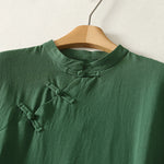 Buddha Stones Summer Solid Green Mandarin Collar Side Slit Women's Sleeveless Dress