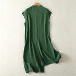 Buddha Stones Summer Solid Green Mandarin Collar Side Slit Women's Sleeveless Dress