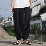 Buddha Stones Summer Casual Drawstring Chinese Character Carefree Embroidery Ankle Pants Men's Harem Pants With Pockets
