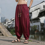 Buddha Stones Summer Casual Drawstring Chinese Character Carefree Embroidery Ankle Pants Men's Harem Pants With Pockets