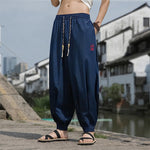 Buddha Stones Summer Casual Drawstring Chinese Character Carefree Embroidery Ankle Pants Men's Harem Pants With Pockets