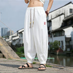 Buddha Stones Summer Casual Drawstring Chinese Character Carefree Embroidery Ankle Pants Men's Harem Pants With Pockets